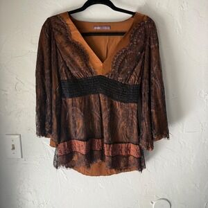Hale Bob Blouse Top Tunic Brown Black Lace Empire Waist Babydoll Boho Whimsigoth
